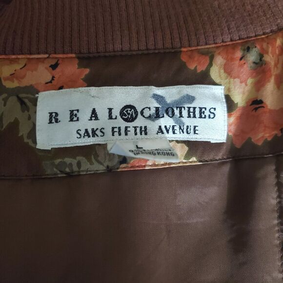 Saks Fifth Avenue Real Clothes Bomber Jacket Womens Large 100% Silk Brown Floral - Picture 10 of 11